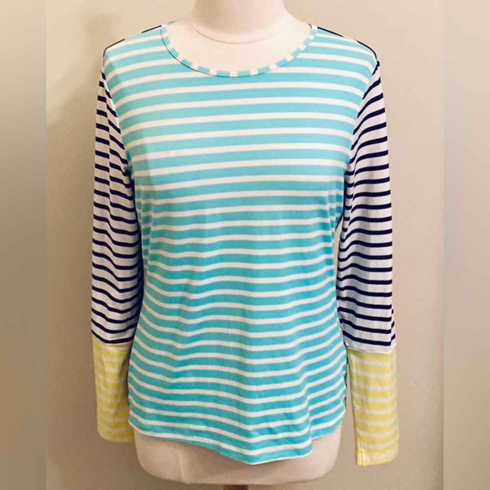 Lands’ End Rash Guard Blue Yellow Striped SZ M UPF 50 Coastal Nautical Swim Top